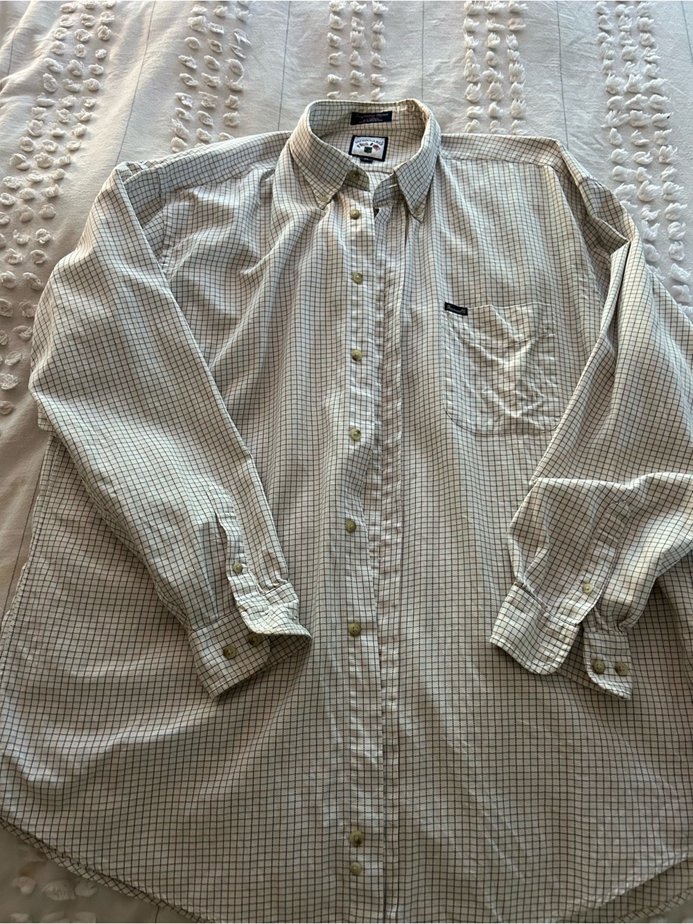 Faconnable Cream Button-Down Shirt with Brown Grid 100 percent cotton